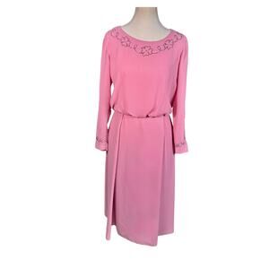 Vintage 70s Rose Pink Blouson Beaded Blossom Long Sleeve Cocktail Dress L